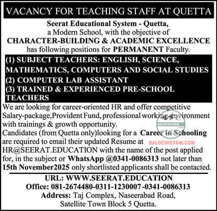 Jobs in Seerat Educational System Quetta 2025 Advertisement 