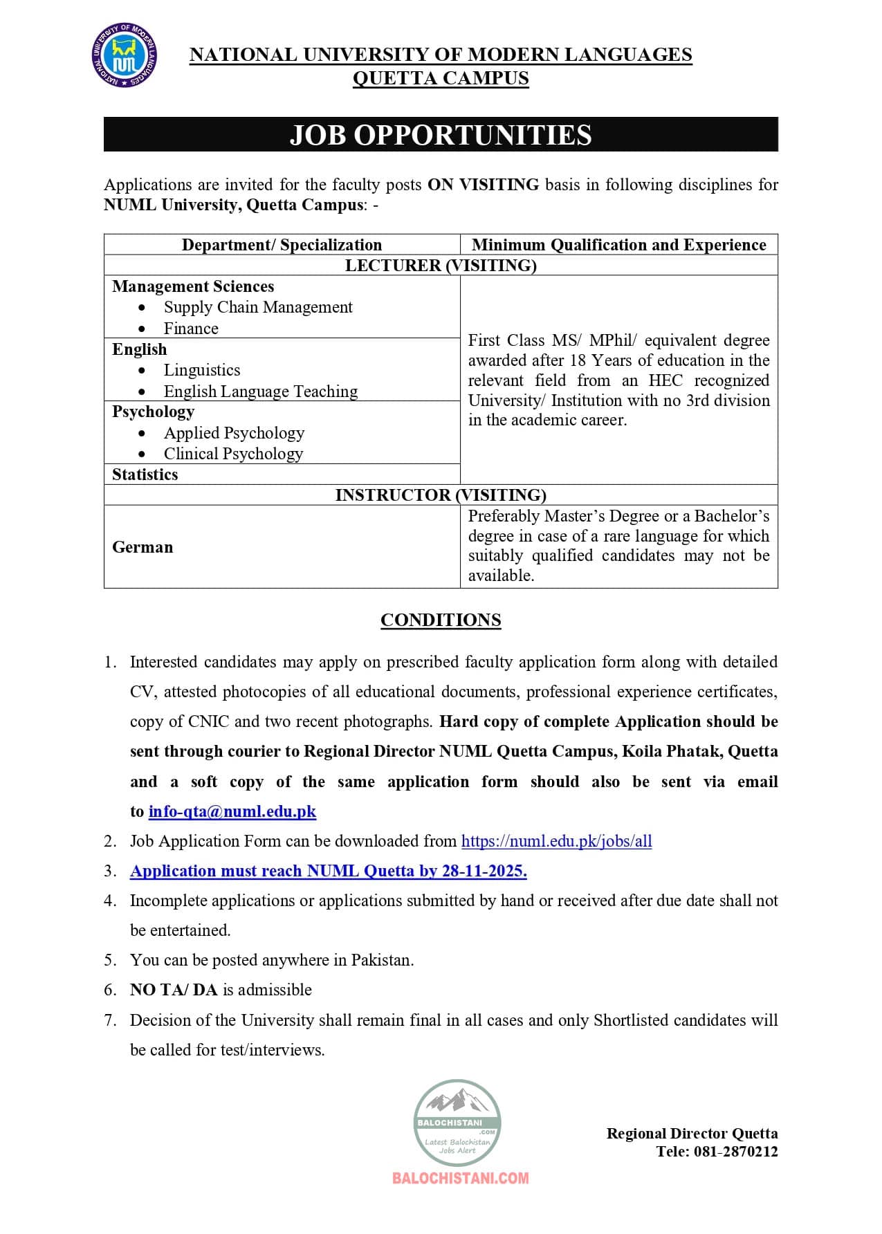 NUML Quetta Campus Jobs 2025 Advertisement 