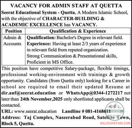 Seerat Educational System Quetta Jobs 2025 Advertisement 