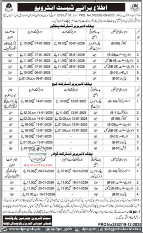 Balochistan Provincial Library Jobs Test & Interview 2026 Official Advertisement 