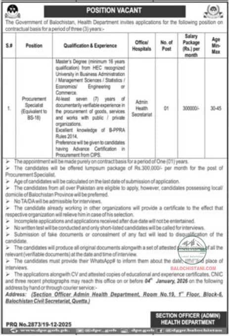 Contract Jobs in Health Department Balochistan 2026 Official Advertisement 