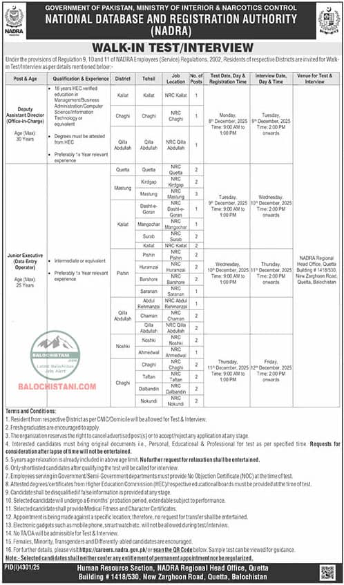 Contract Jobs in NADRA Balochistan 2025 Official Advertisement