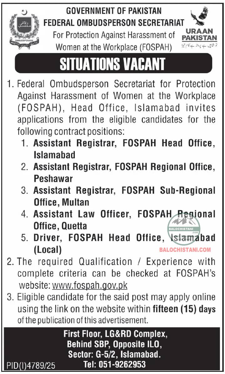 Federal Ombudsperson Secretariat FOSPAH Jobs 2026 Official Advertisement