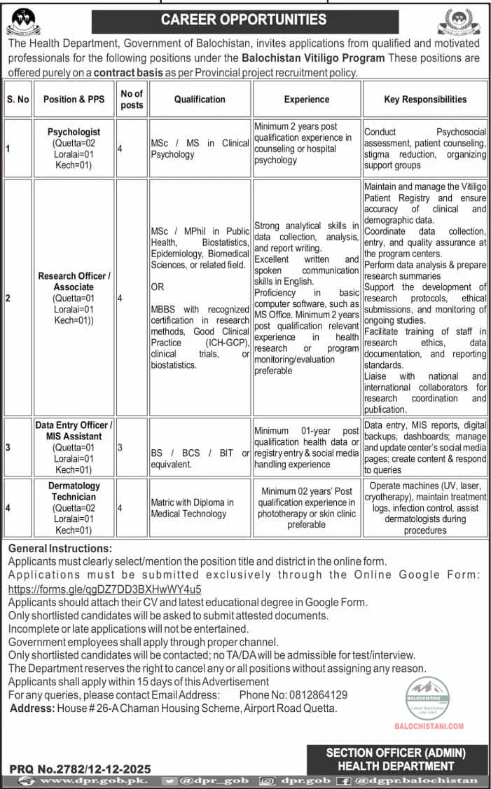 Jobs in Balochistan Health Department 2026 Official Advertisement 