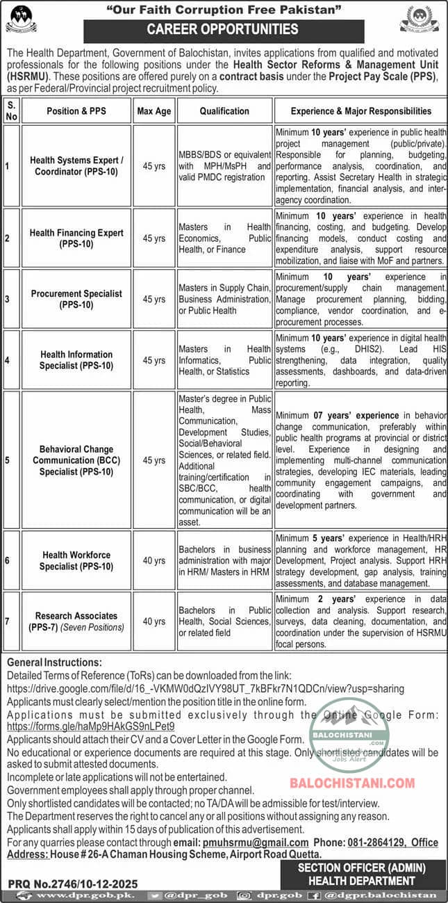 Jobs in Balochistan Health Sector Reforms & Management Unit 2026 Official Advertisement