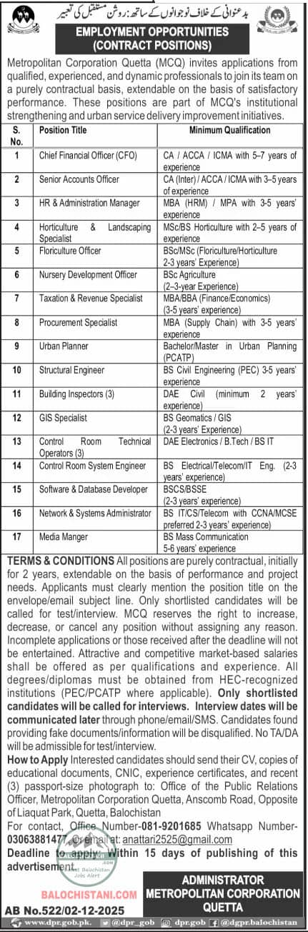 Jobs in Quetta Metropolitan Corporation 2025 Official Advertisement
