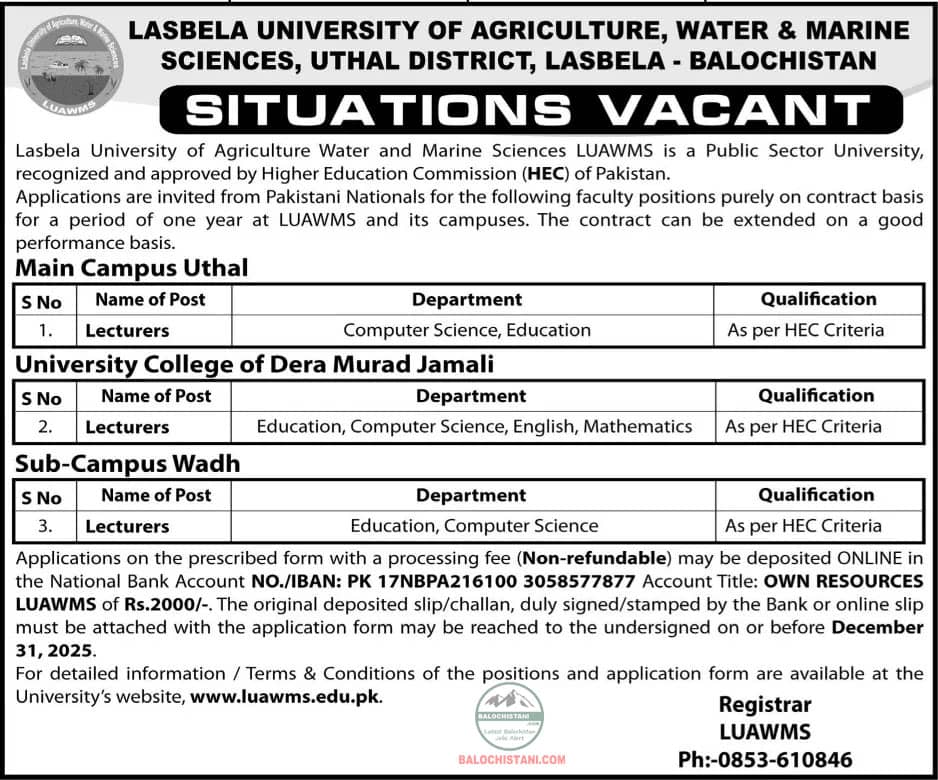 LUAWMS Jobs 2025 Advertisement