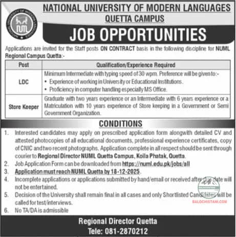National University of Modern Languages NUML Quetta Job 2025 Official Advertisement
