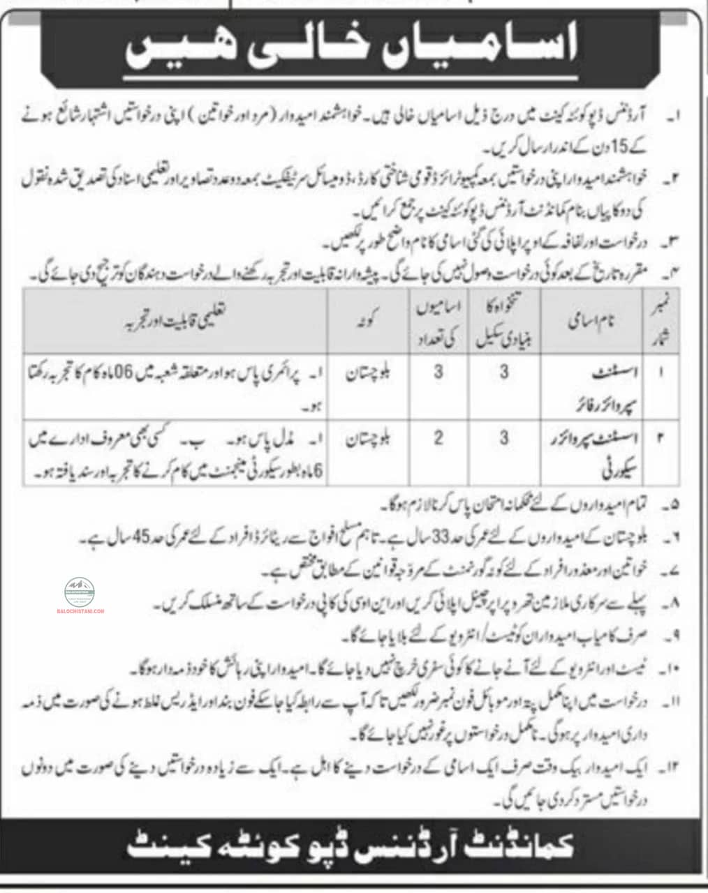 Ordnance Depot Quetta Cantonment Jobs 2026 Official Advertisement