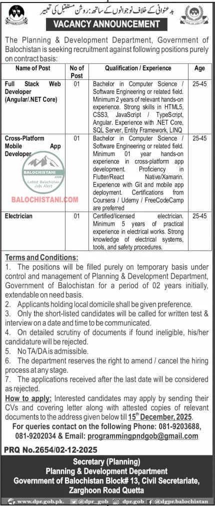 Planning & Development Department PWD Quetta Jobs 2025 Official Advertisement
