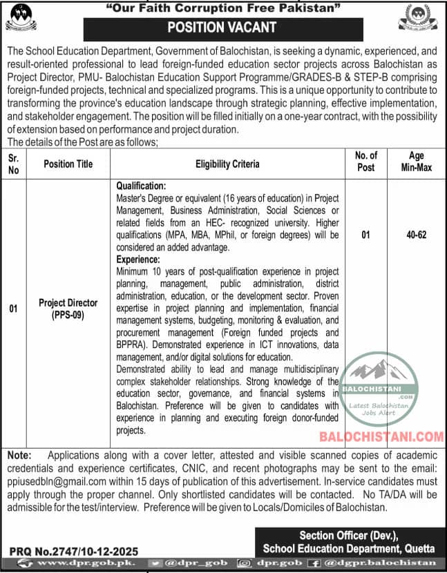 School Education Department Quetta Jobs 2025 Official Advertisement