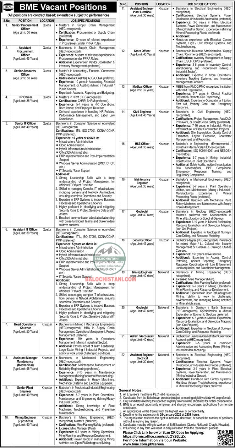 Bolan Mining Enterprises BME Jobs in Balochistan 2026 Advertisement