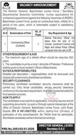 Commanding Officer Jobs in Balochistan Levies Force 2026 Advertisement