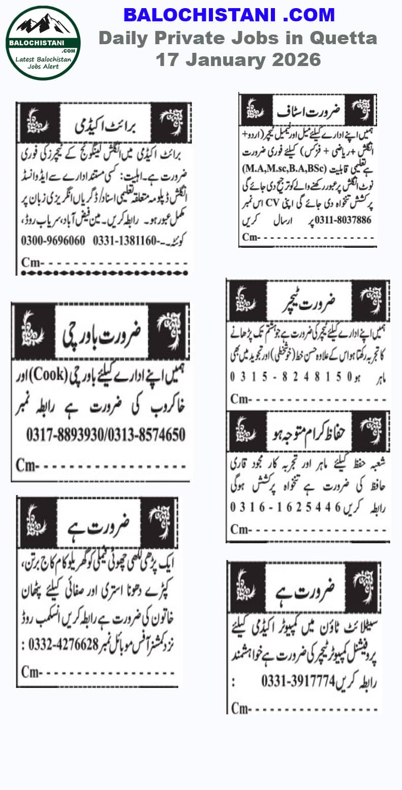 Daily Private Jobs in Quetta 17 January 2026 Advertisement 
