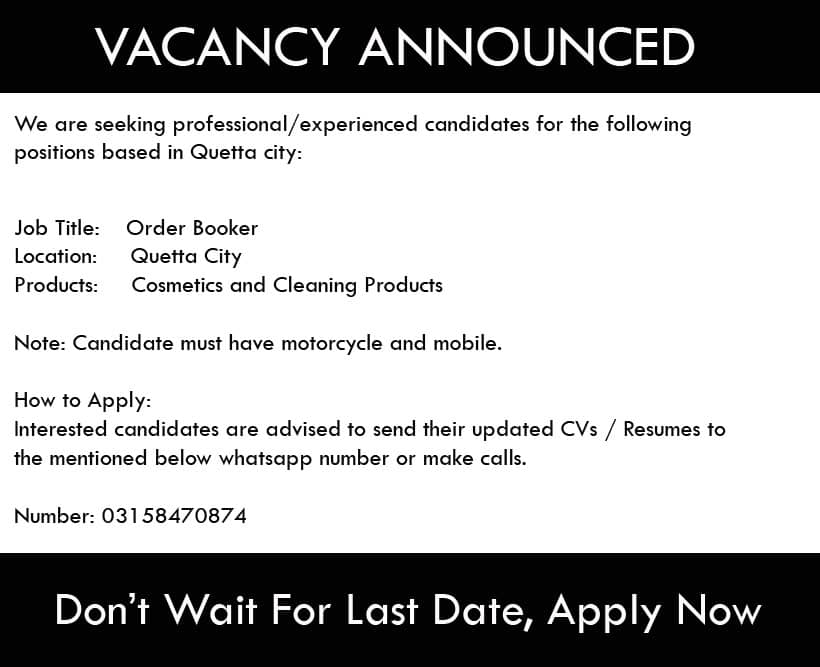 Order Booker Private Jobs in Quetta 2026 Advertisement